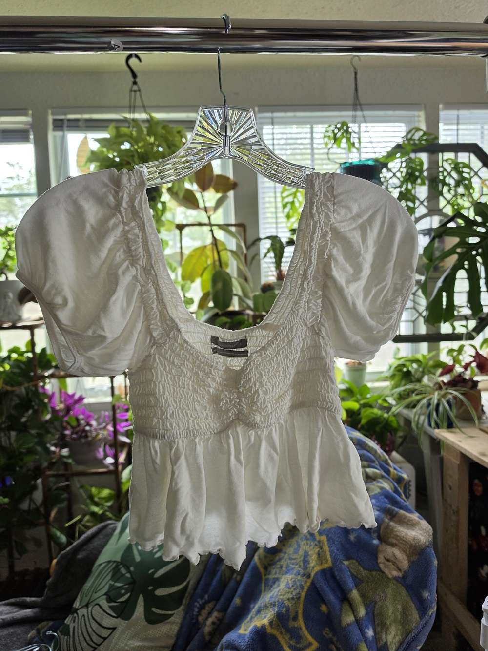Urban Outfitters White Puff-Sleeve Smocked Crop Top